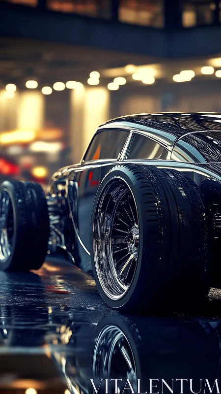 Sleek custom hot rod glowing under city garage lights.