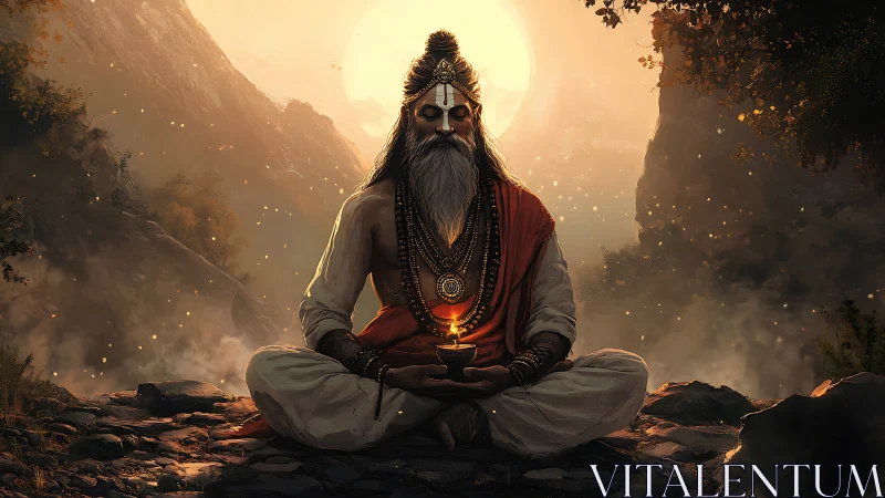 Himalayan sage in lotus pose with sacred flame, sunset backlight