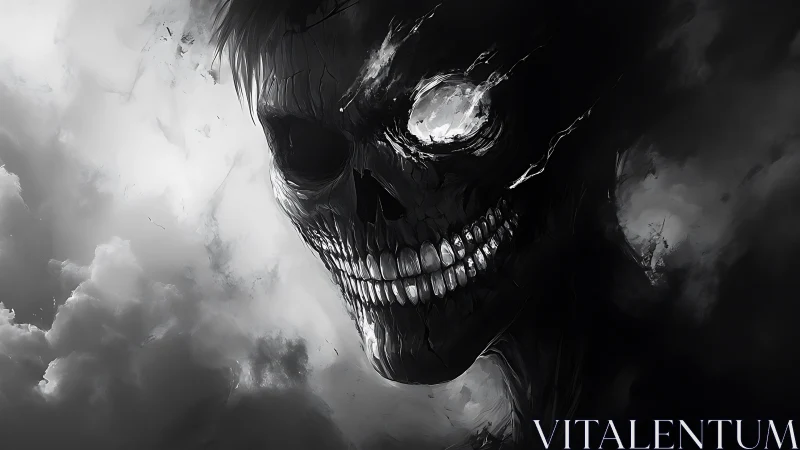 Grinning skeletal demon head emerging from dark storm clouds.