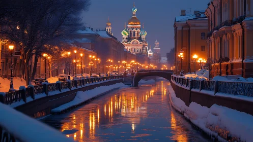 Winter canal cityscape with illuminated cathedral reflection.