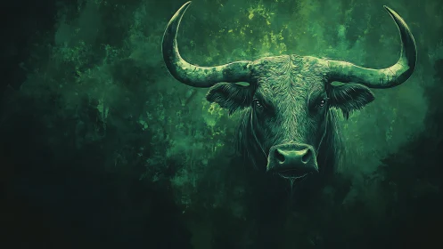 Emerald bull portrait emerging from textured abstract void.