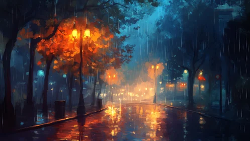 Rain-soaked boulevard with warm lamppost bokeh reflections.