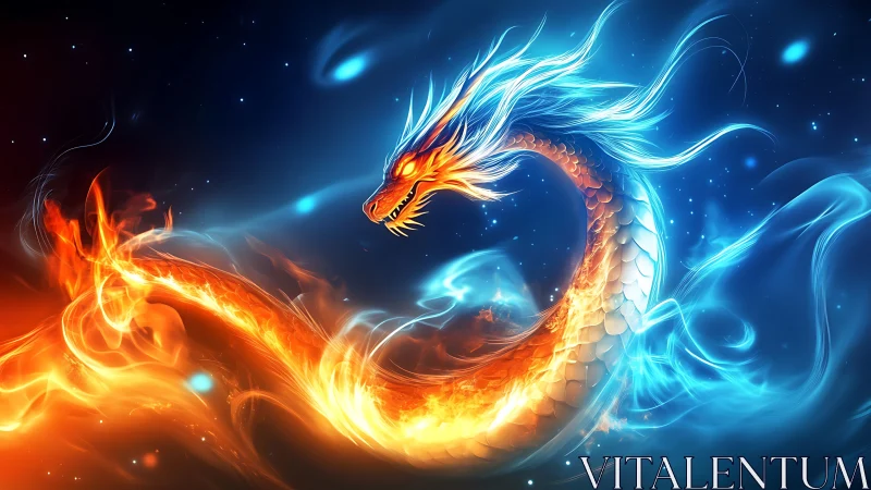 Bifurcated fire‑and‑plasma dragon arcs through nebular starfield