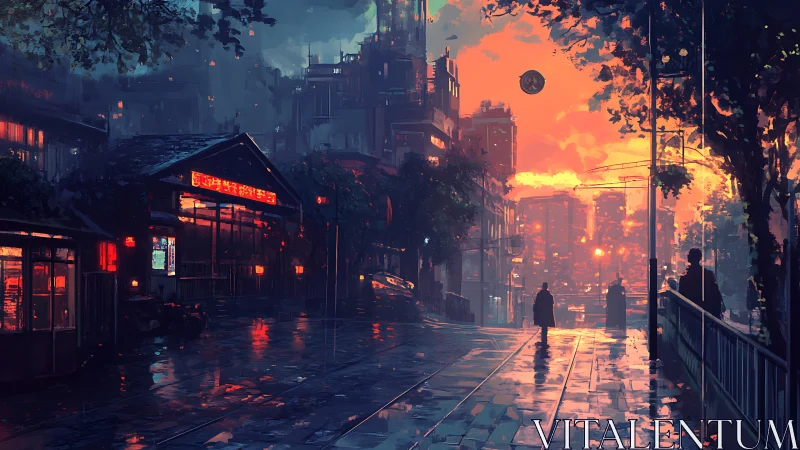 Neon city street glows at sunset with moody cyber ambience