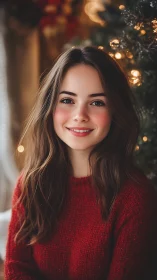 Photorealistic holiday portrait with warm bokeh lighting setup.