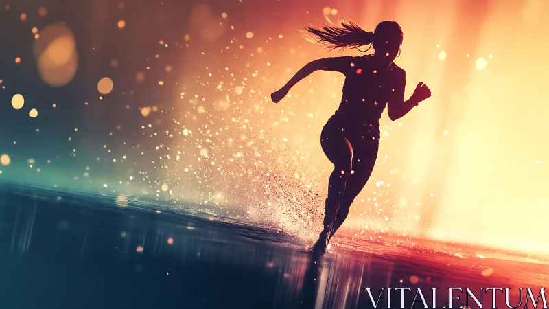 Backlit runner silhouette sprints through water with bokeh spray