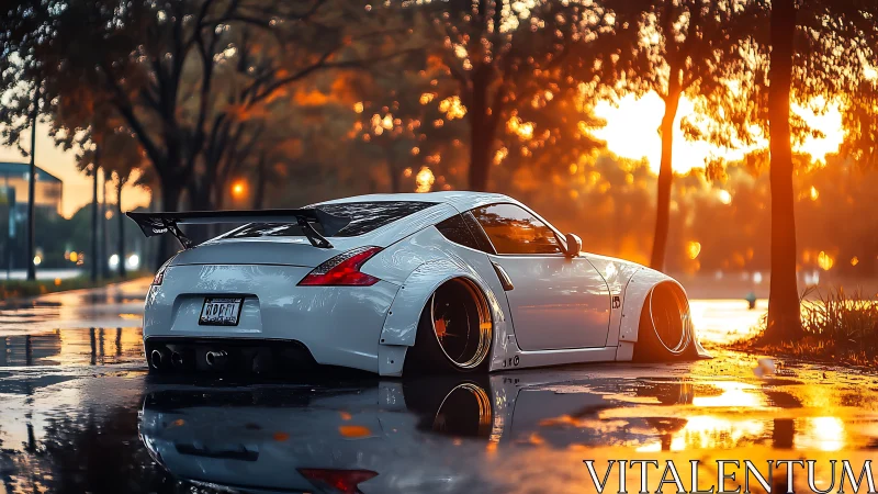 Widebody white tuner car under golden sunset rain reflections.