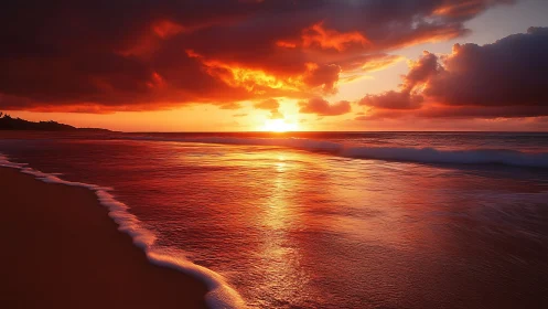 Sunset fire paints molten ribbons across the quiet surf