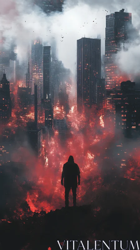 Solitary hooded observer amid thermally stressed burning megacity.