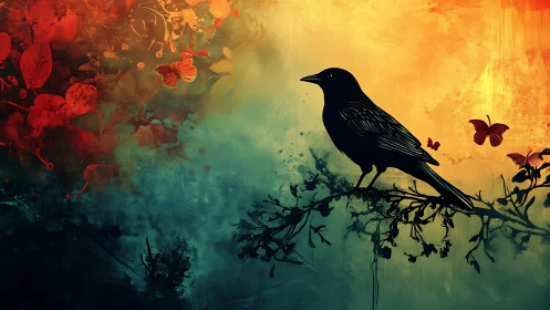 Silhouetted corvid on branch with bifurcated chromatic sky.