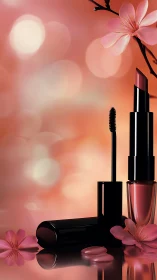 Romantic rose makeup set glows amid soft bokeh light.