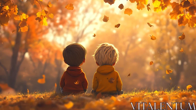 Two figures rendered in autumn landscape with volumetric lighting and particle fall