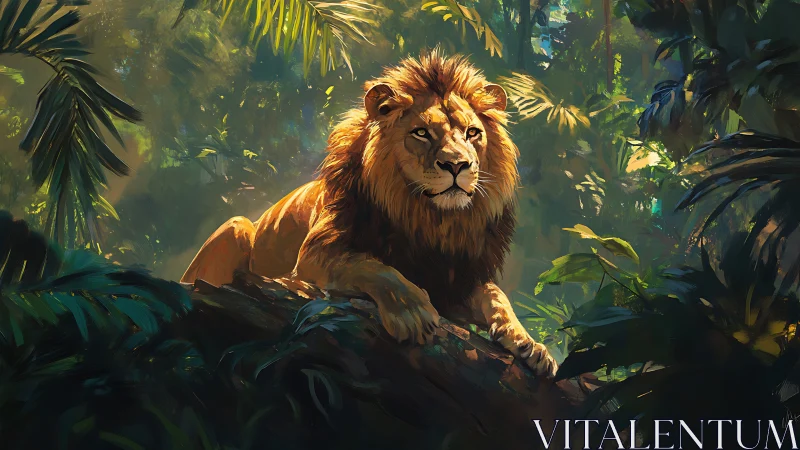 Golden jungle lion resting beneath a halo of sunlight.