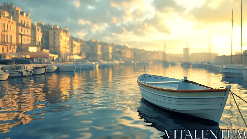 Photorealistic harbor skiff at golden hour with soft depth cues.