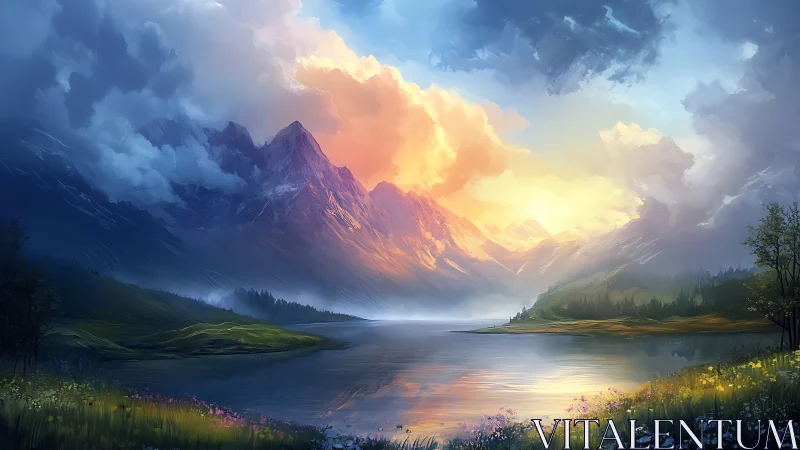 Radiant sunrise igniting tranquil alpine lake and peaks.