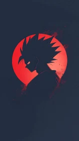 Moody anime warrior silhouetted against a red moon.
