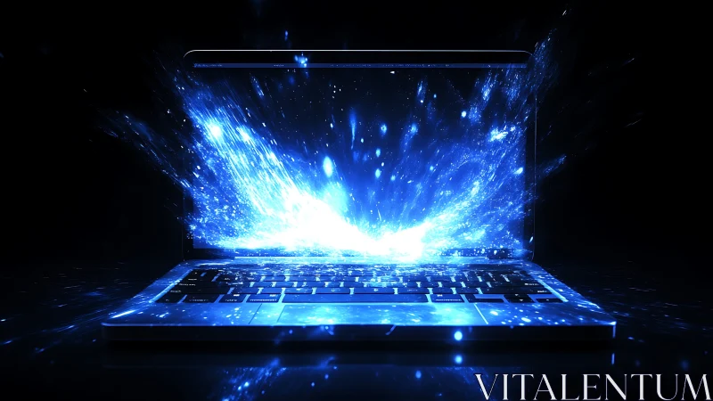 Exploding blue data stream erupts from glowing laptop screen.
