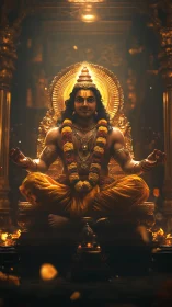 Golden robed deity seated in ornate temple shrine.