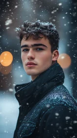 Portrait captures young man in snowfall with soft bokeh lights