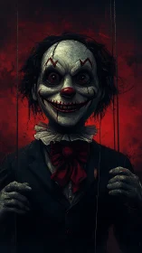 Sinister marionette clown smiles in fiery red gloom.