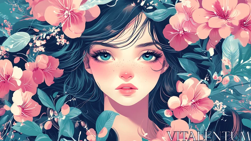 Dreamy floral portrait of a freckled girl in full bloom.