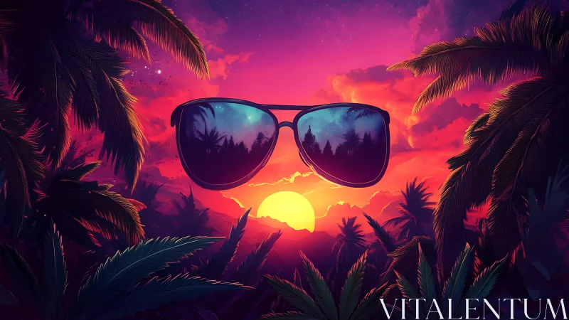 Sunglasses over neon tropical sunset with palm silhouettes.
