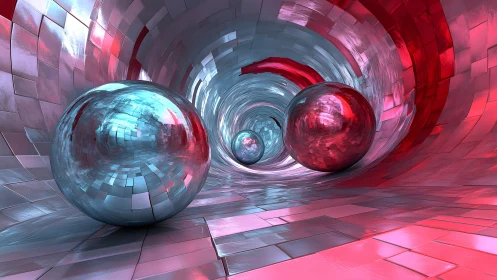 Reflective metallic spheres in chromatic segmented tunnel space.