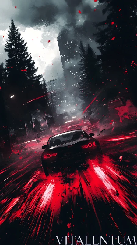 Night rain shatters into crimson speed behind the black coupe