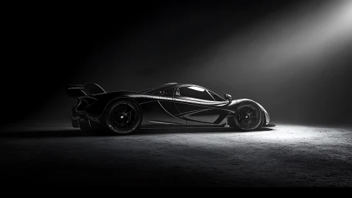 Carbon black hypercar profile under dramatic spotlight.