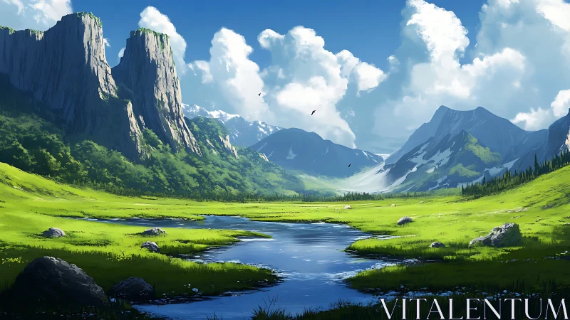 Digital landscape panorama with alpine river valley composition.