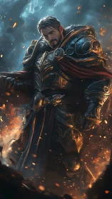Embers crown a brooding knight wrapped in stormlit armor