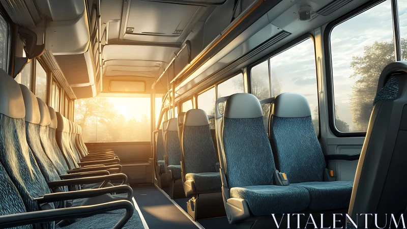 Sunlit empty bus aisle caught in quiet golden pause.