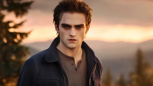 Young male portrait outdoors at sunset in rural setting.