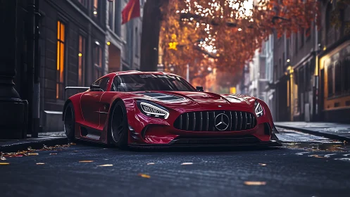 Red Mercedes race car on empty wet city street at dusk.