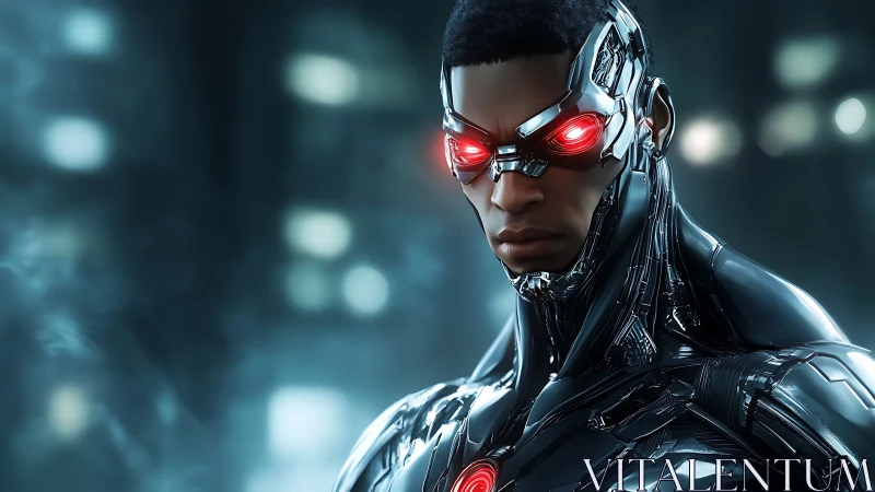 Cyborg subject is rendered with illuminated red optical implants