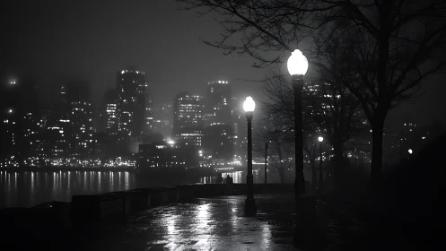 Noir riverside promenade with foggy urban skyline at night.