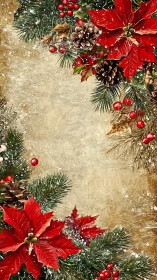 Festive poinsettia and pine Christmas border on gold background.