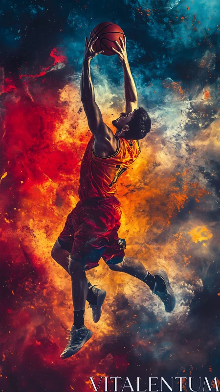 Basketball player soars through fiery cosmic clouds in motion