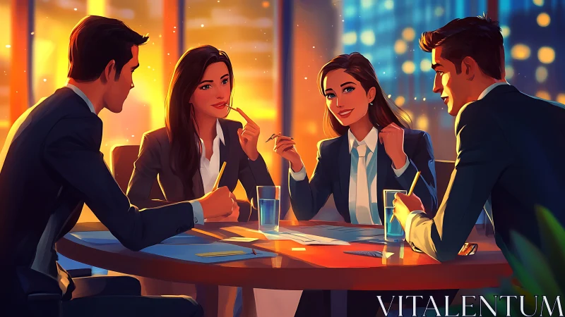Business Team in Modern Office at Dusk, Vibrant Digital Art Style.