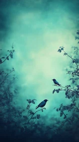 Silhouetted songbirds on branches in teal forest mist.