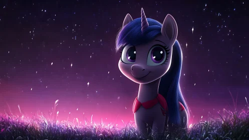 Cute violet unicorn in luminescent twilight meadow scene.
