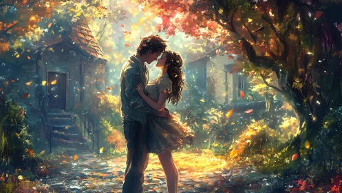 Two figures in autumn foliage setting with luminous atmospheric effects.