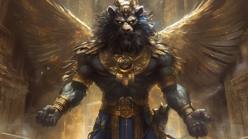 Winged leonine war deity rendered with ornate golden armor details