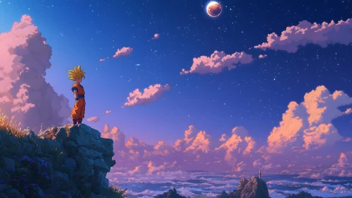 Starlit warrior pauses on a cliff to measure the quiet cosmos