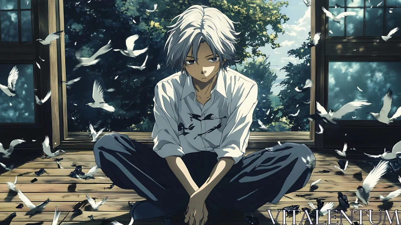 Quiet boy in sunlight surrounded by fluttering white birds.