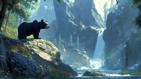 Majestic Bear Overlooking Waterfall in Lush Mountain Landscape.
