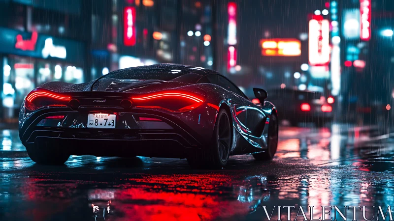 Supercar rear view parked on wet neon city street at night