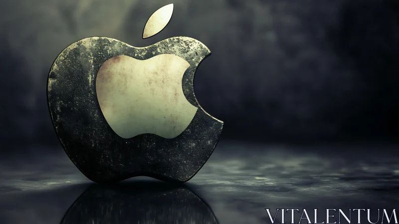 Metallic bitten apple emblem under moody studio lighting.