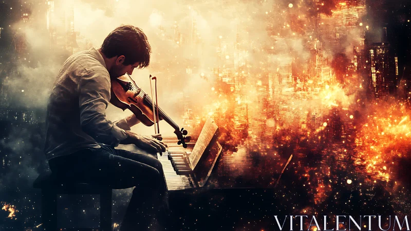 Digital painting of pianist violinist in blazing abstract cityscape.