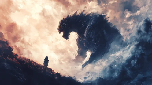 Stormborn colossus confronts lone wanderer at dusk.